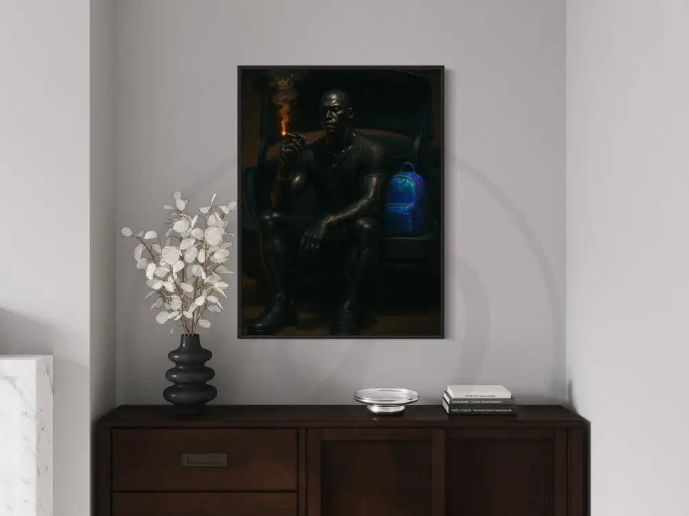 Digital download wall art of Black man with muscular build smoking cigar in dark moody scene. Afrocentric printable décor for living rooms.