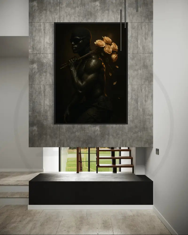 Digital download wall art of Black man with sunglasses and roses against moody backdrop. Afrocentric printable décor for living rooms.