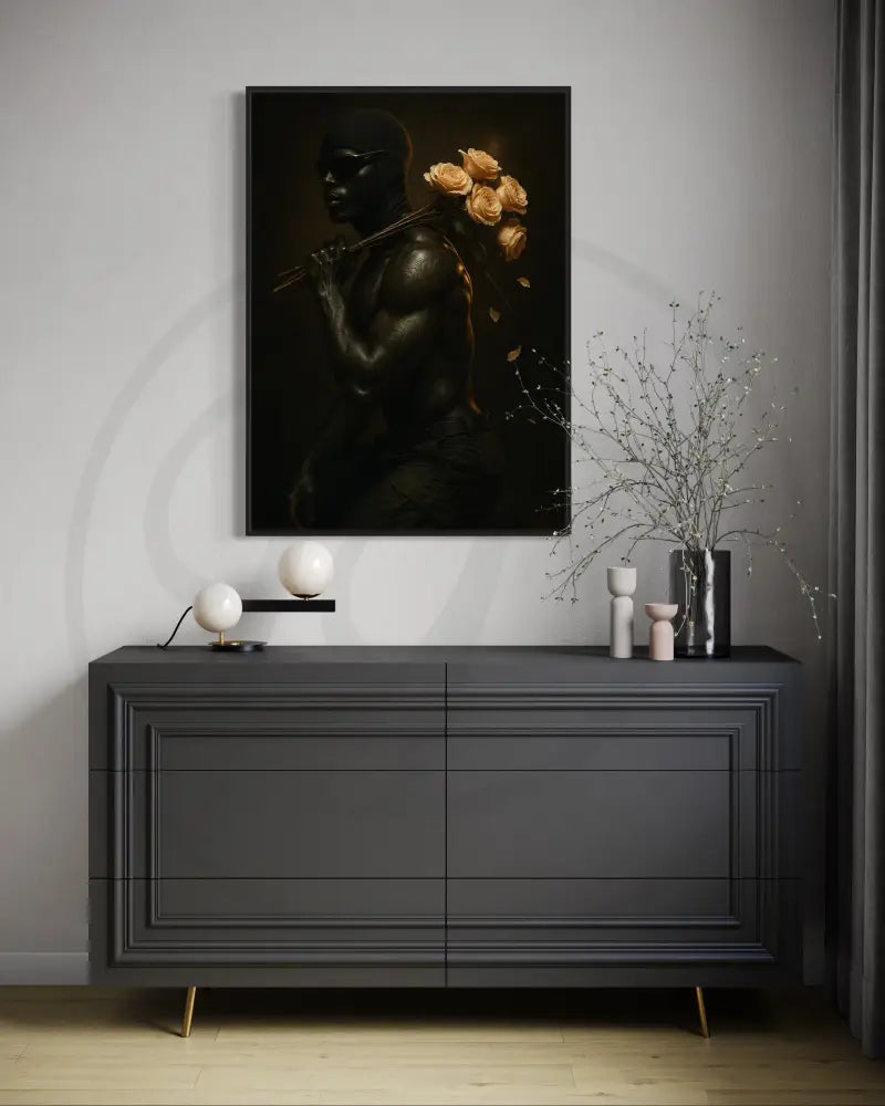 Contemporary African American portrait wall art of stylish Black man with rose tattoos and bouquet. Instant download printable art for home or office.