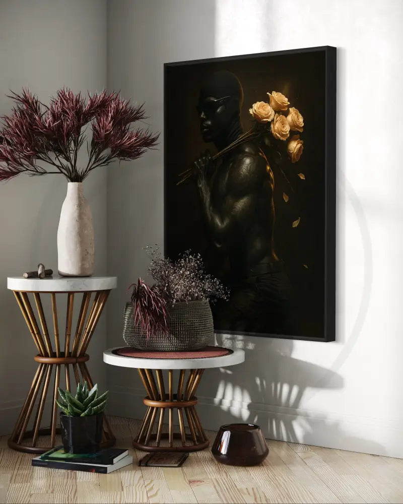 High-resolution digital portrait of Afrocentric Black man in balaclava holding roses. Modern African art print for gallery walls.