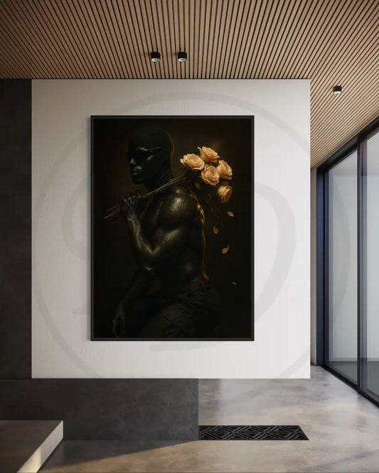 Afrocentric portrait digital wall art of a Black man in balaclava with bouquet of roses. Printable African art for modern wall décor.