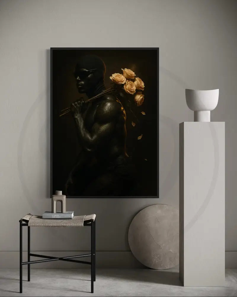 Printable Afrocentric wall art of regal Black man with roses and dark, dramatic lighting. Elegant modern digital art for cultural home décor.
