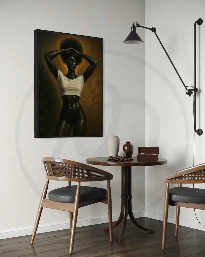 Afrocentric fashion portrait digital art featuring Black woman in white crop top. Printable modern ethnic wall décor.