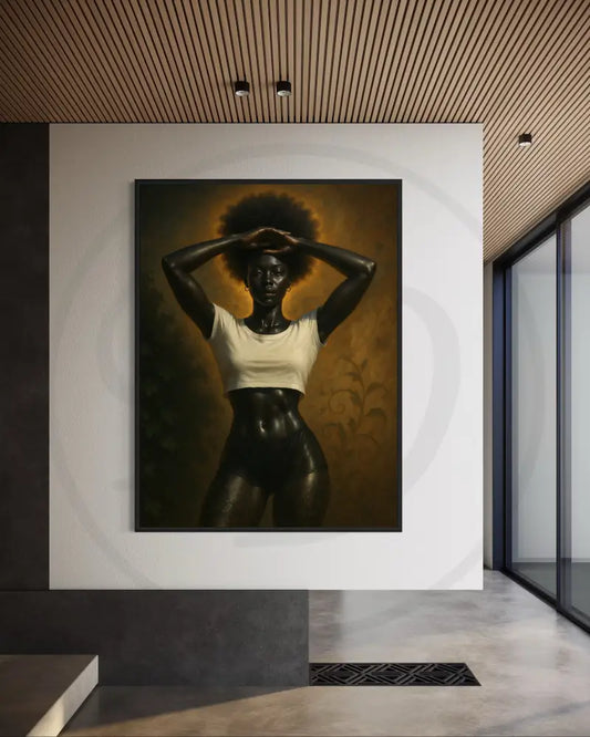 Afrocentric portrait digital wall art of Black woman with afro in crop top and shorts. Printable African art for modern wall décor.