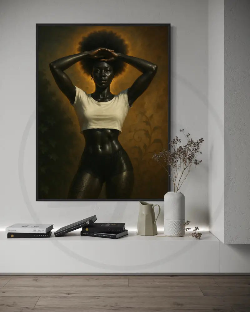 Printable Afrocentric wall art of regal Black woman with afro hairstyle against golden background. Elegant modern digital art for cultural home décor.