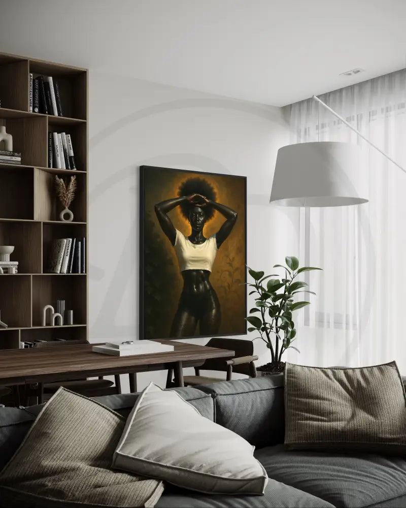 Digital download wall art of Black woman with afro posed under golden lighting. Afrocentric printable décor for living rooms.