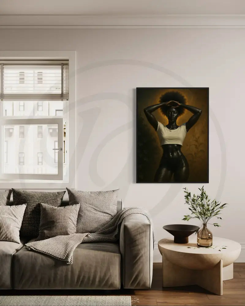 Minimalist Afrocentric wall art of powerful Black woman with natural afro and tattoos. Printable modern African American portrait art.