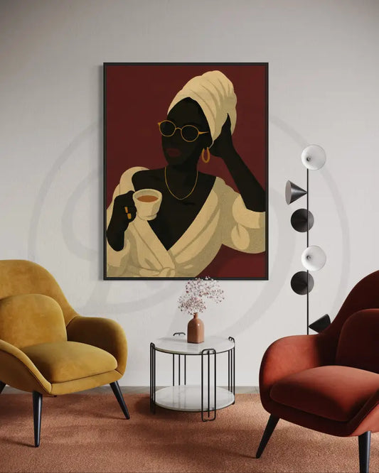 Afrocentric portrait digital wall art of faceless Black woman in robe sipping coffee. Printable African art for modern wall décor.