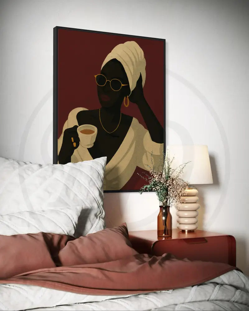 High-resolution digital portrait of Afrocentric Black woman in sunglasses sipping coffee. Modern African art print for gallery walls.