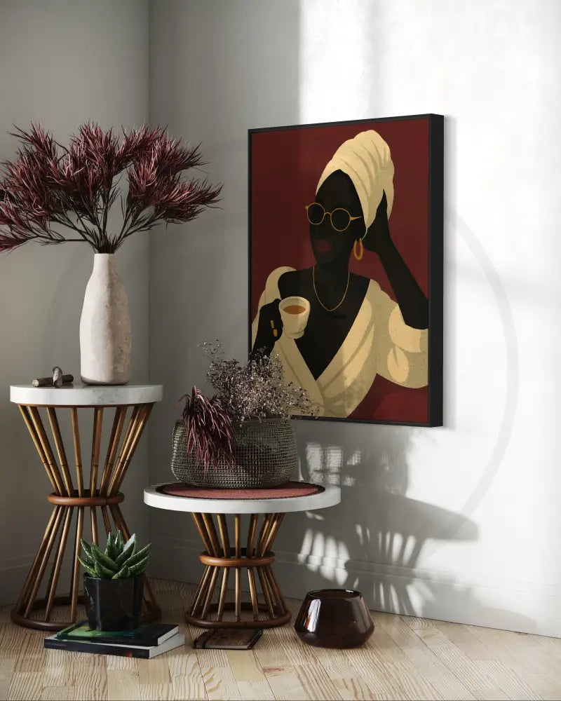 Minimalist Afrocentric wall art of Black woman in headwrap and gold jewelry with coffee cup. Printable modern African American portrait art.