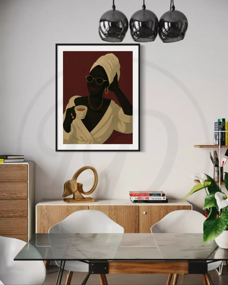 Afrocentric fashion portrait digital art featuring Black woman in robe with sunglasses and coffee. Printable modern ethnic wall décor.