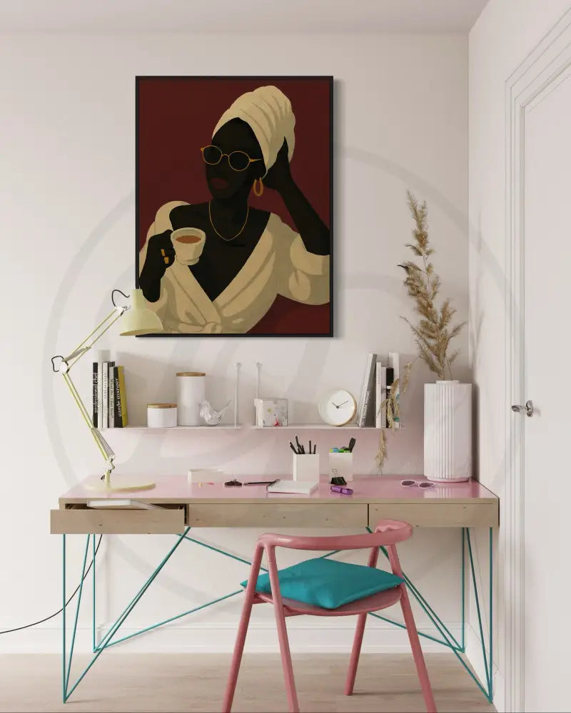 Contemporary African American coffee-themed portrait wall art. Instant download printable art for home or office.