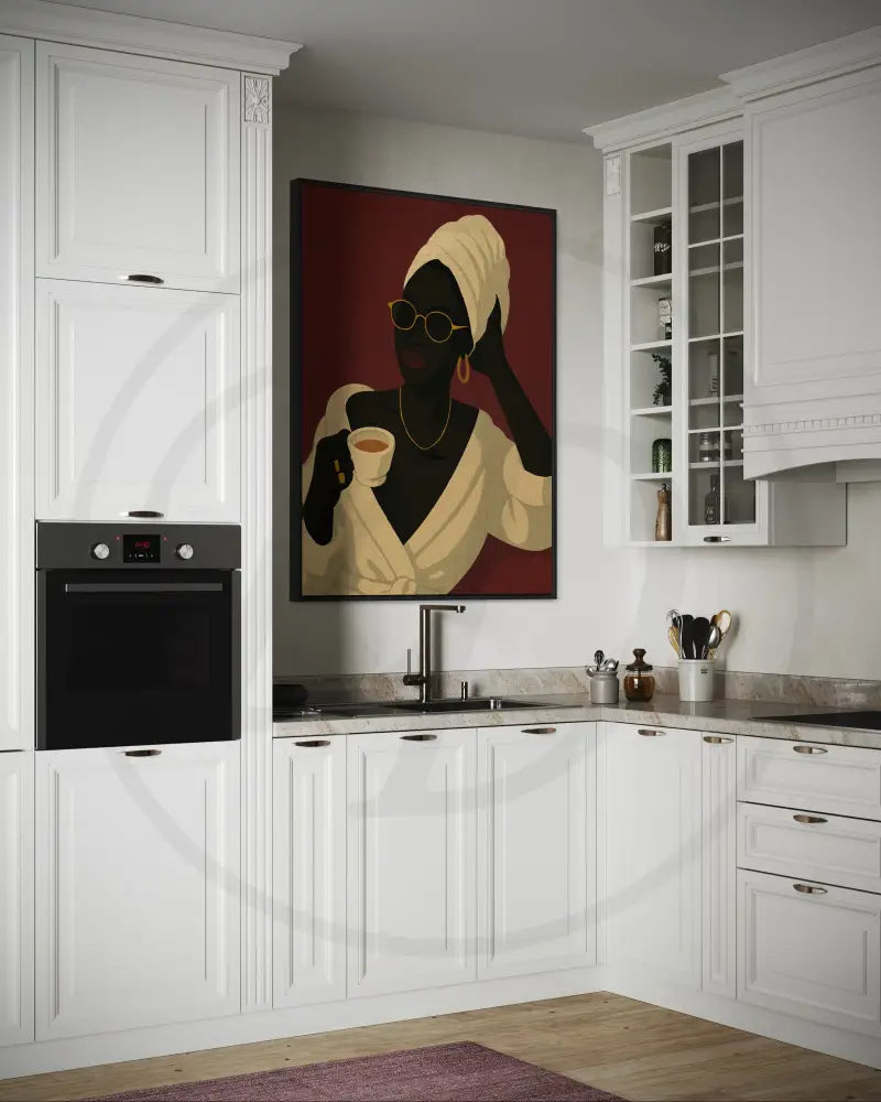 Printable Afrocentric wall art of Black woman coffee moment in robe and headwrap. Elegant modern digital art for cultural home décor.
