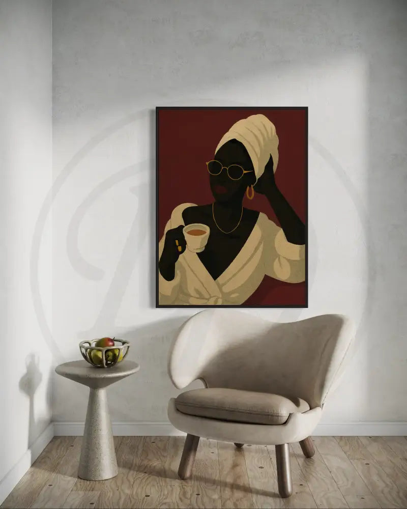 Digital download wall art of stylish Black woman enjoying coffee against deep red background. Afrocentric printable décor for living rooms.