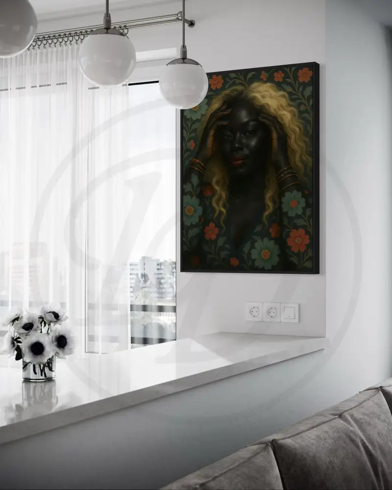 Digital download wall art of Black woman in teal floral print dress with blonde hair. Afrocentric printable décor for living rooms.