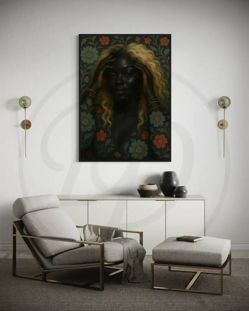 High-resolution digital portrait of Afrocentric Black woman with blonde hair and floral background. Modern African art print for gallery walls.
