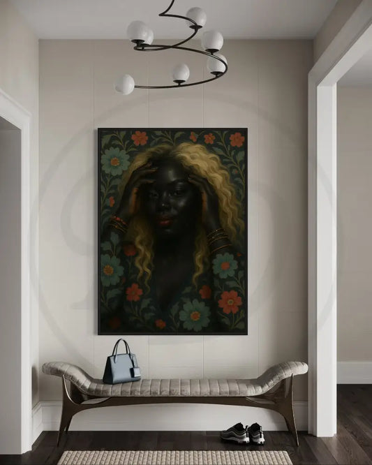Afrocentric floral portrait digital wall art of Black woman with blonde hair in teal dress. Printable African art for modern wall décor.