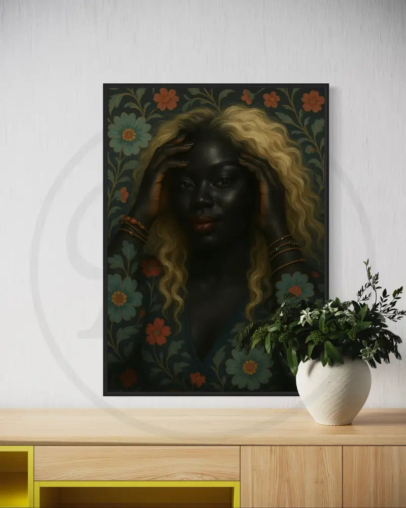 Printable Afrocentric wall art of regal Black woman in floral dress. Elegant modern digital art for cultural home décor.