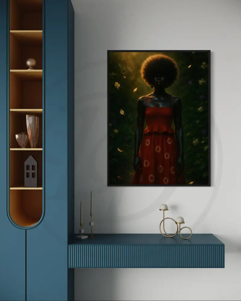 High-resolution digital portrait of Afrocentric Black woman in lush green garden. Modern African art print for gallery walls.