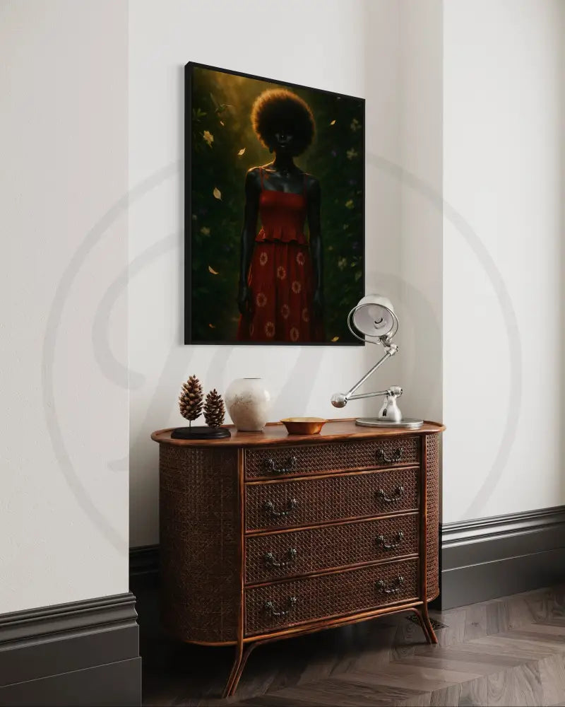 Contemporary African American garden portrait wall art with nature elements and falling petals. Instant download printable art for home or office.