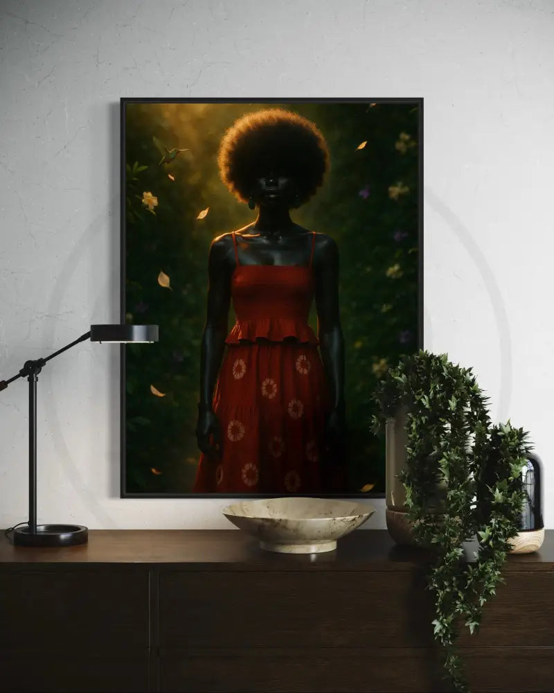 Afrocentric portrait digital wall art of Black woman in rust-red dress standing in garden. Printable African art for modern wall décor.