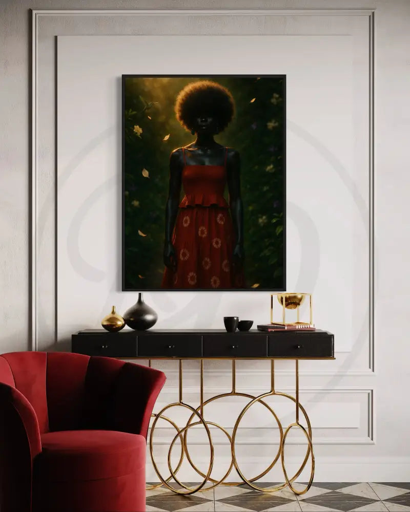 Afrocentric fashion portrait digital art featuring Black woman in garden with golden sunlight. Printable modern ethnic wall décor.