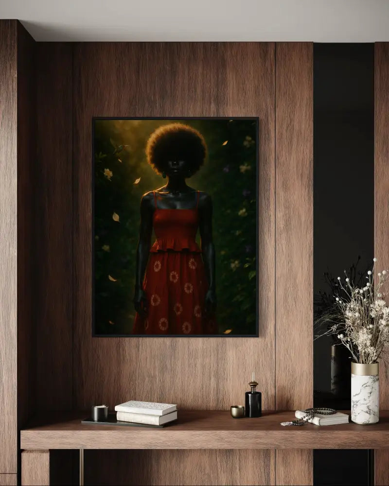 Digital download wall art of Black woman with voluminous afro in patterned sundress surrounded by greenery. Afrocentric printable décor for living rooms.