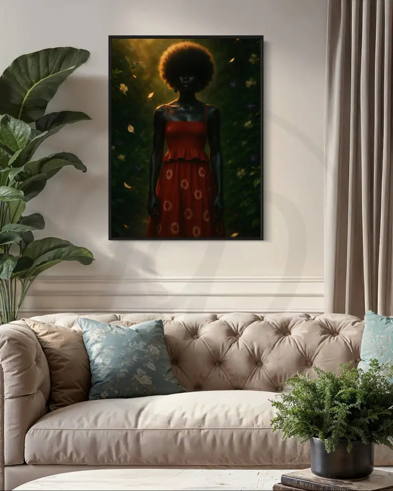 Minimalist Afrocentric wall art of Black woman with afro and green earrings in sunlit garden. Printable modern African American portrait art.