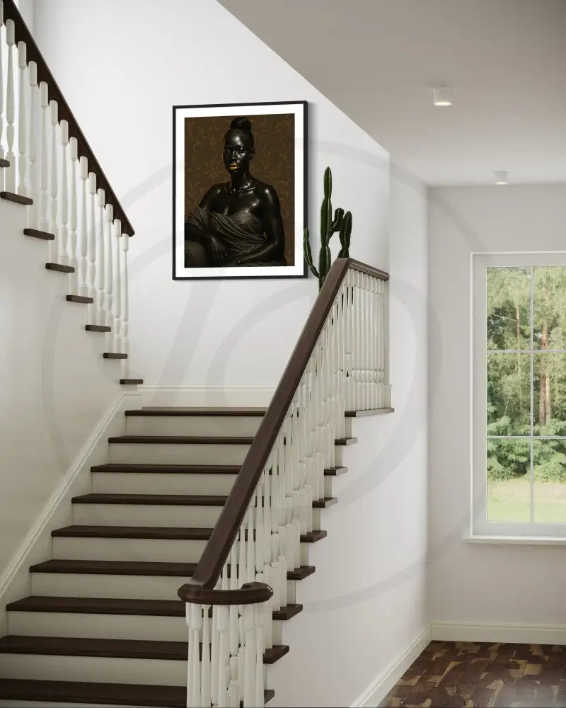 Digital download wall art of Black woman with metallic lips and glossy skin glow. Afrocentric printable décor for living rooms.