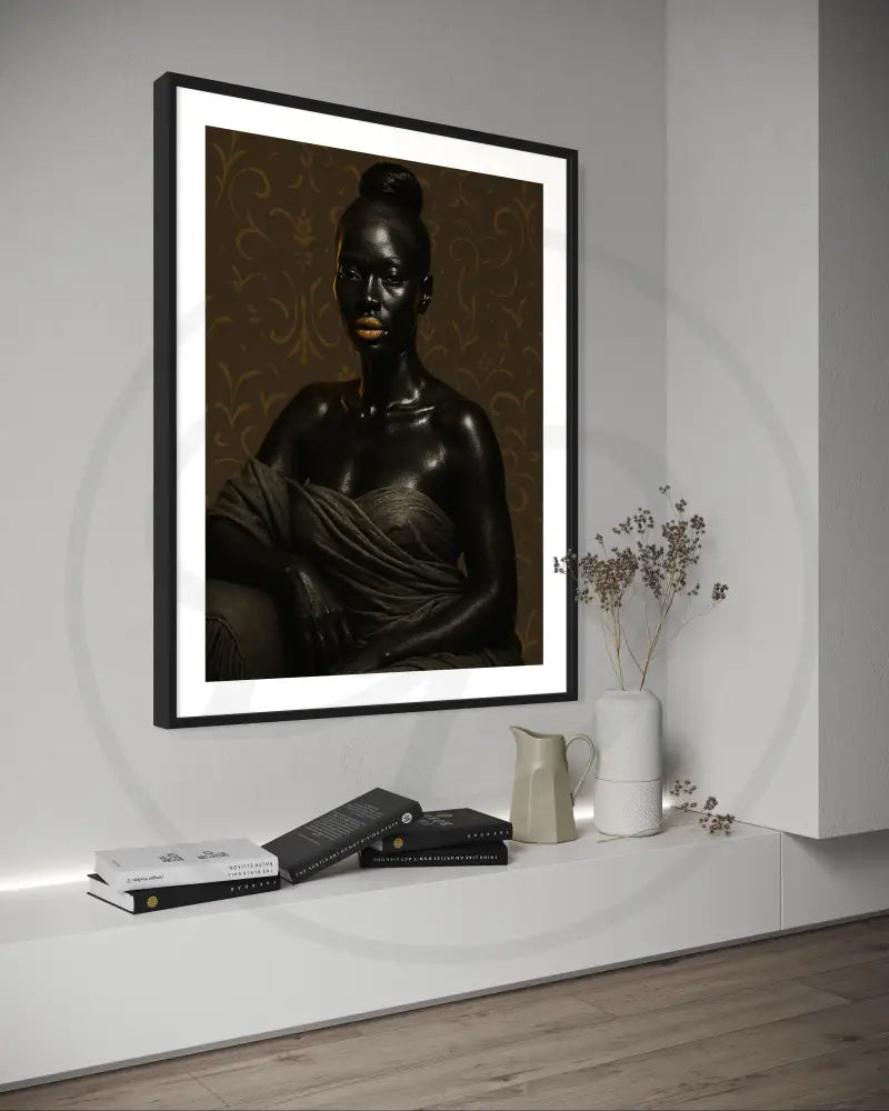 High-resolution digital portrait of Afrocentric Black woman with golden lips. Modern African art print for gallery walls.