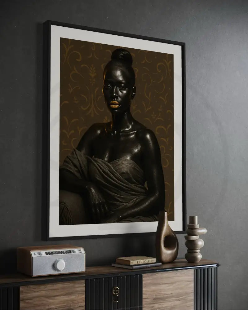 Minimalist Afrocentric wall art of regal Black woman with gold accents on brown patterned background. Printable modern African American portrait art.