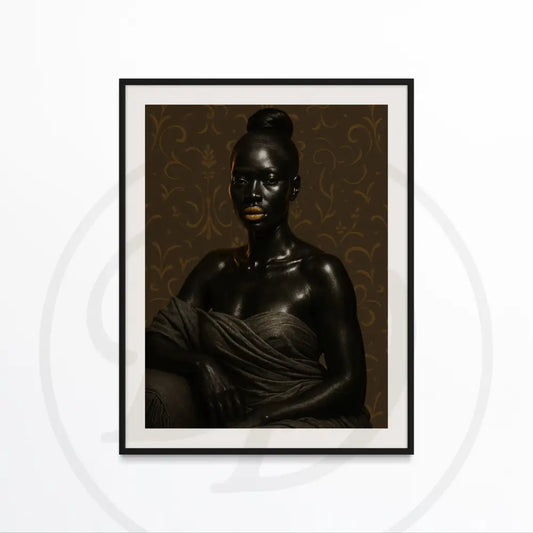 Afrocentric portrait digital wall art of Black woman with golden lips in draped fabric. Printable African art for modern décor.