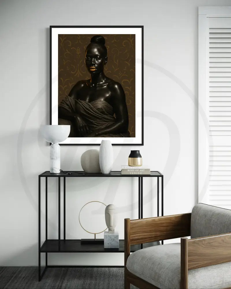 Printable Afrocentric wall art of powerful Black woman in fabric wrap with gold highlights. Elegant modern digital art for cultural home décor.