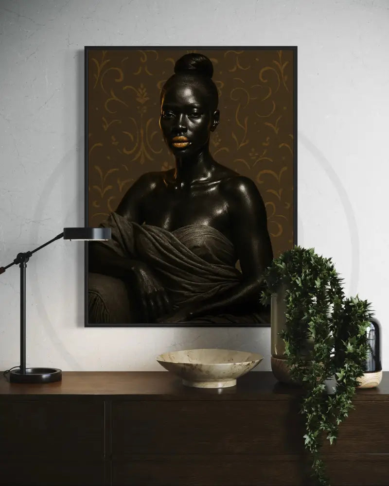 Afrocentric fashion portrait digital art featuring Black woman in golden-toned lighting. Printable modern ethnic wall décor.