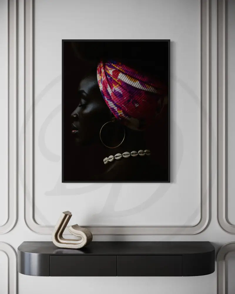 Printable Afrocentric portrait of a regal Black woman styled with colorful headwrap and bold jewelry.