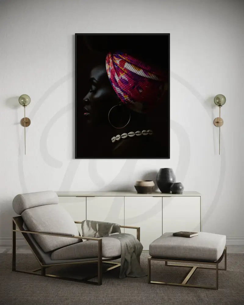 Black woman profile digital artwork featuring cultural headwrap and cowrie necklace, set against a dark background.