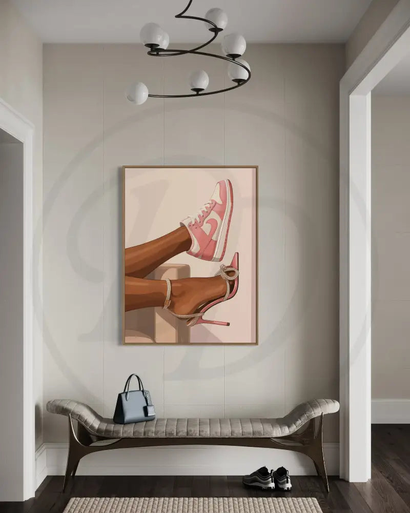 Afrocentric fashion portrait digital art featuring pink sneaker and sparkling stiletto. Printable modern ethnic wall décor.