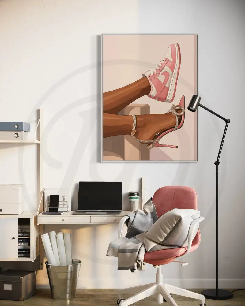 Digital download wall art of playful heels and sneakers contrast on Black woman’s legs. Afrocentric printable décor for bedrooms or closets.