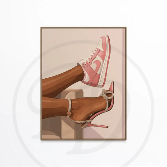 Afrocentric fashion wall art of Black woman’s legs in pink sneaker and stiletto heel. Printable African art for modern décor.