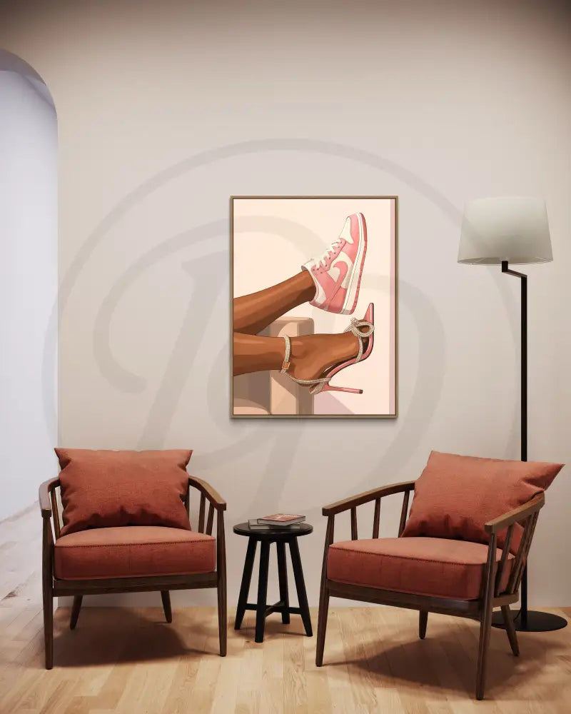 Contemporary African American fashion wall art with stylish footwear contrast. Instant download printable art for home or office.