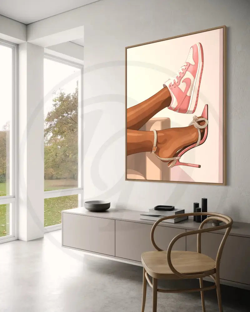 High-resolution digital portrait of Afrocentric Black woman’s footwear mix — sneakers and heels. Modern African art print for gallery walls.