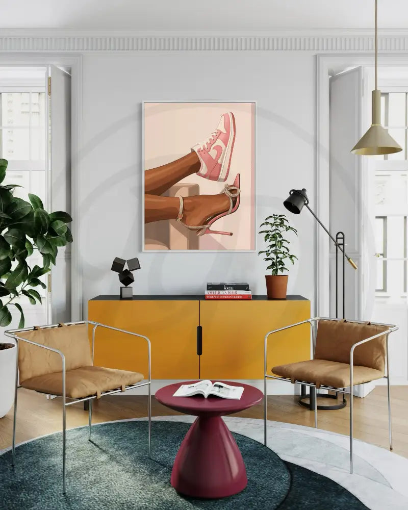 Minimalist Afrocentric digital art of Black woman mixing casual sneakers and elegant heels. Printable modern African American fashion portrait.