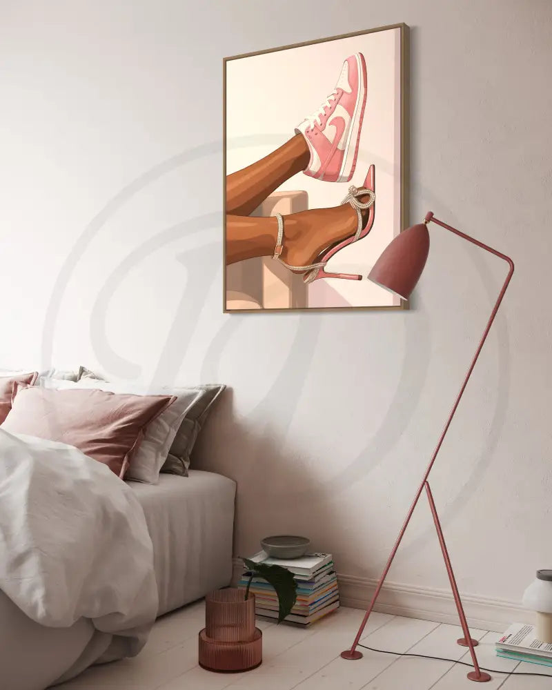 Printable Afrocentric wall art of chic Black woman’s legs in sneaker and stiletto. Elegant modern digital art for cultural home décor.
