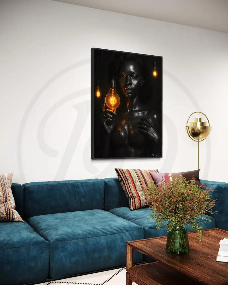 Printable Afrocentric wall art of regal Black woman in lace top with vintage bulb. Elegant modern digital art for cultural home décor.