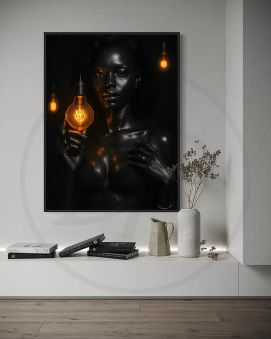 Afrocentric portrait digital wall art of Black woman holding glowing light bulb in dark background. Printable African art for modern décor.