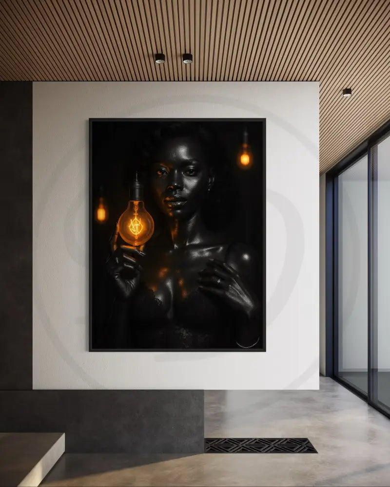 Contemporary African American portrait wall art of Black woman holding a glowing bulb. Instant download printable art for home or office.