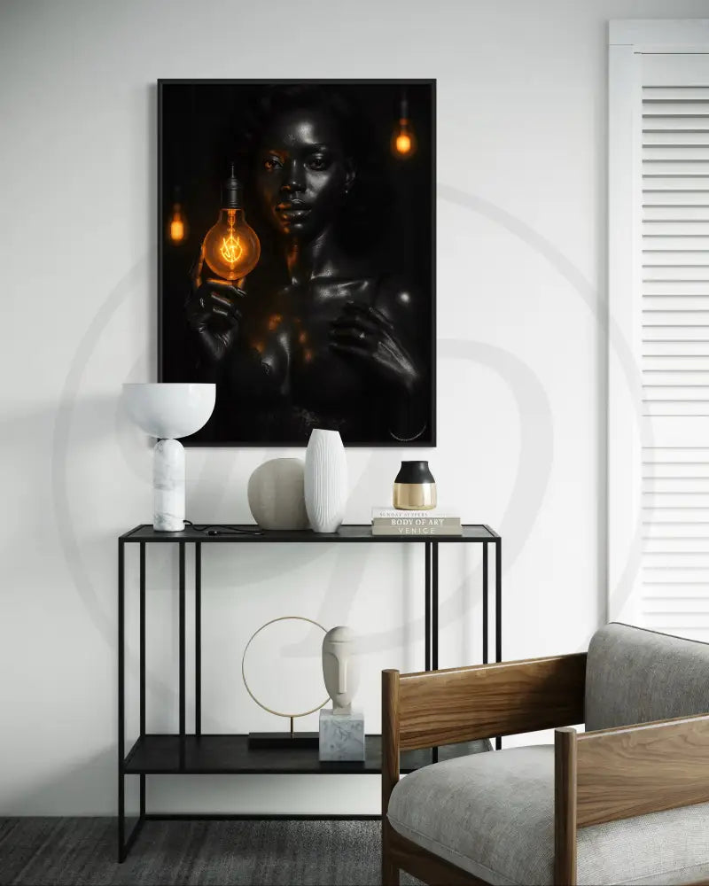 High-resolution digital portrait of Afrocentric Black woman with warm glowing light bulb. Modern African art print for gallery walls.