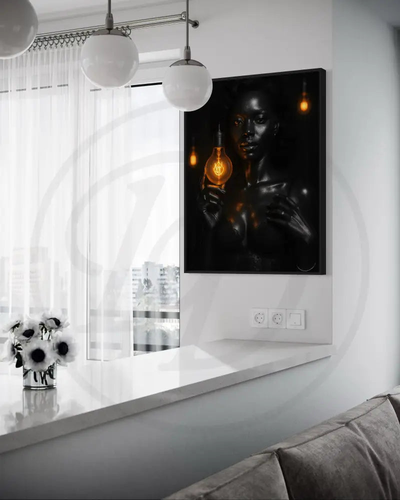 Afrocentric fashion portrait digital art featuring Black woman with radiant highlights. Printable modern ethnic wall décor.