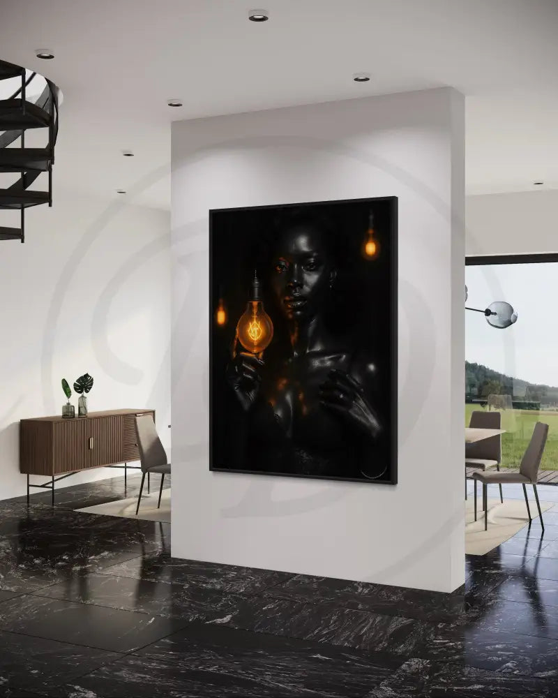 Minimalist Afrocentric wall art of Black woman in lace top with vintage light bulb. Printable modern African American portrait art.