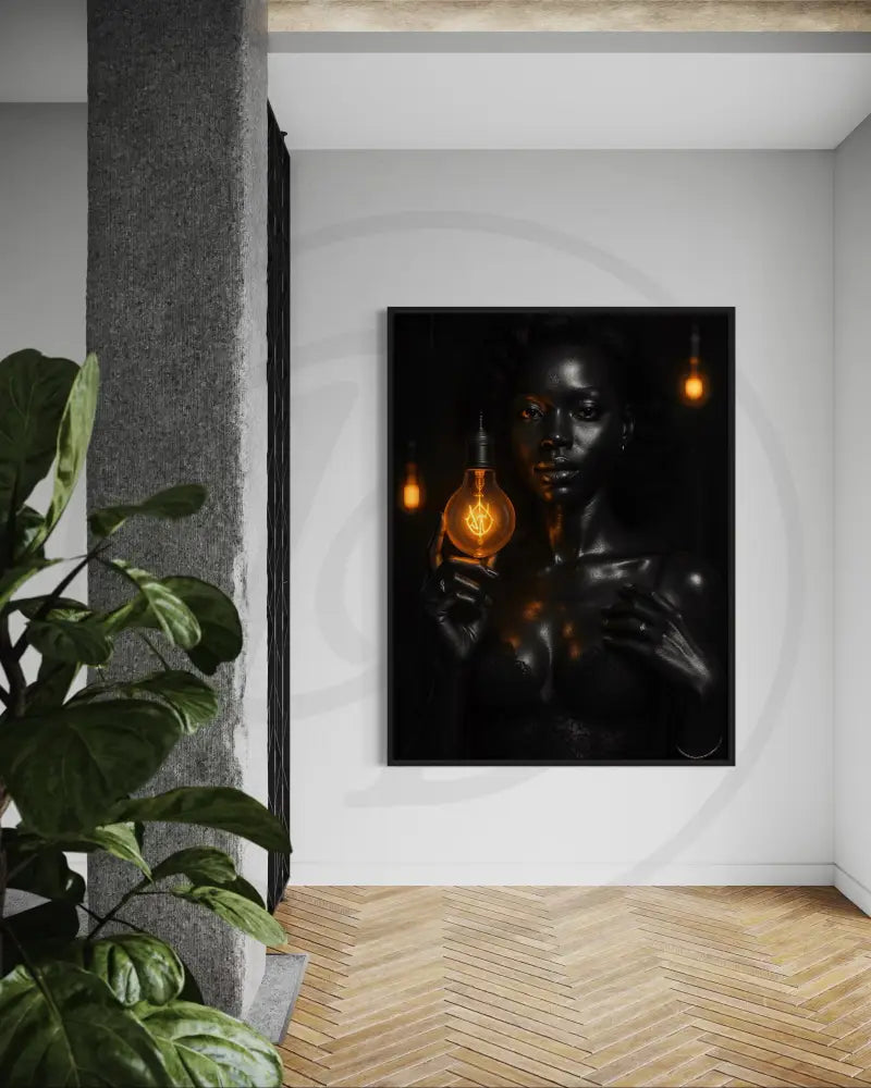 Digital download wall art of Black woman illuminated by golden light bulb glow. Afrocentric printable décor for living rooms.